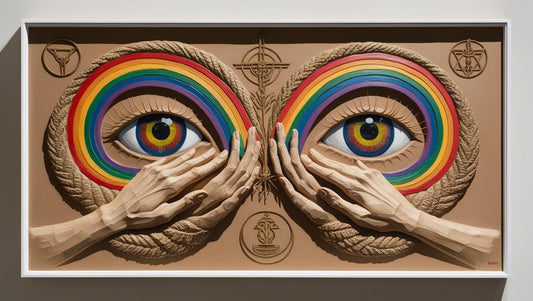 Rainbows, eyes, hands, celestial symbols in earth tones