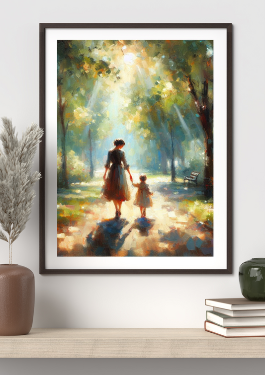 Sunlit Walk Mom-Daughter – A4 Framed Art