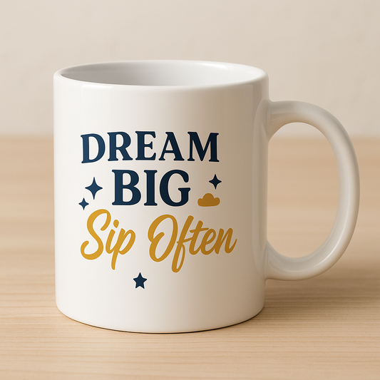 Dream Big Mug on Wooden Surface
