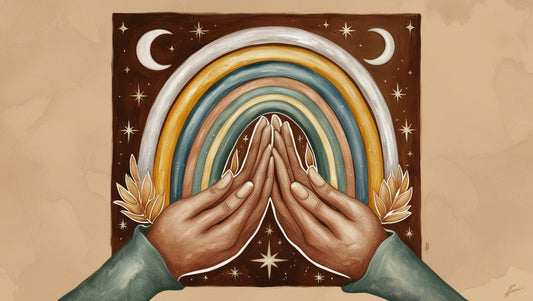 Rainbows, hands, celestial symbols in earth tones