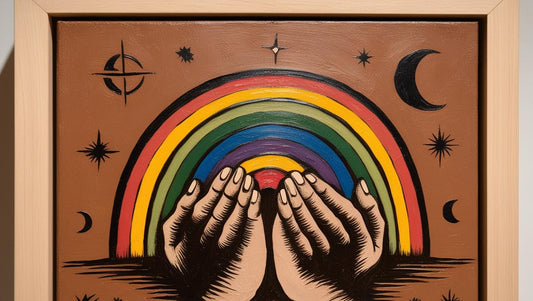 Rainbows, hands, celestial symbols in earth tones